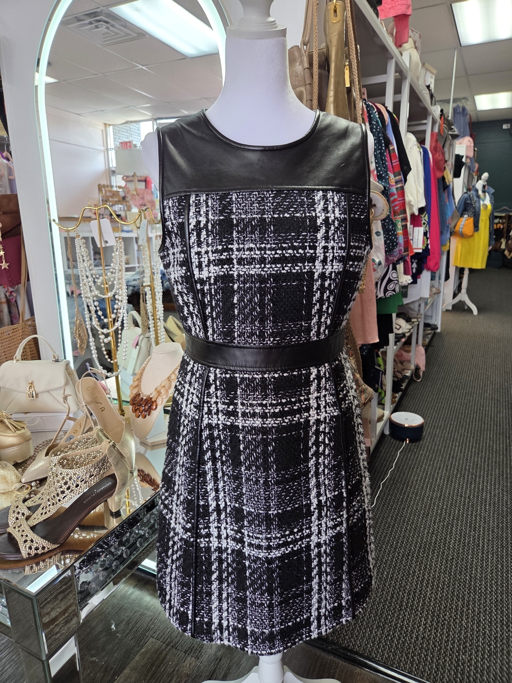 Boston Proper Black & White Plaid Sleeveless Dress with Faux Leather Trim